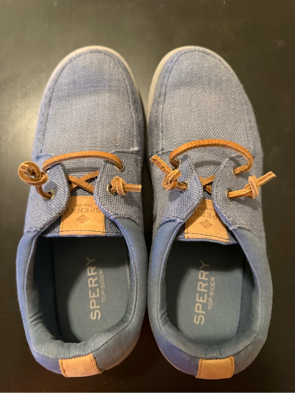 Sperry Men's Light Blue Canvas Boat Shoes with Tan Leather Trim